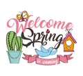 Welcome spring poster bird butterfly cactus ribbon decoration Royalty Free Stock Photo