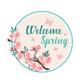 Welcome spring text and Pink flower blossom , butterfly in circle frame and dot background vector design Royalty Free Stock Photo