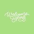 Welcome spring - white linear lettering isolated on loght green background. Beautiful hand drawn calligraphy