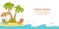 Welcome Summer banner beach island background tropical palm sea sand ocean landscape template card