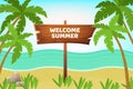 Welcome summer banner. Seaside background with wooden stand pointer and palm trees