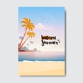 Welcome Summer Landscape Palm Tree Beach Badge Sunset Design Label. Season Holidays Lettering For Logo, Templates