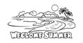 Welcome Summer Sandy beach with palm trees and rocks with flying birds in sky astract drawing black and white outline ink drawing Royalty Free Stock Photo