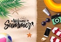 Welcome summer vector background design. Welcome summer text in sand with wood and beach elements like flip flop, sunglasses. Royalty Free Stock Photo