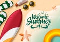 Welcome summer vector background design. Welcome summer text in seashore with beach and travel elements like sunscreen, flip flop. Royalty Free Stock Photo