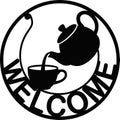 Welcome tea time vector design featuring teapot pouring drink into cup in circle shape Royalty Free Stock Photo