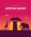 Welcome to African Safary Banner Template, Beautiful Landscape with Animals Silhouettes and Baobab Tree at Sunset Vector Royalty Free Stock Photo