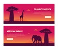 Welcome to African Safary Landing Page Templates Set, Beautiful African Landscape with Animals Silhouettes and Baobab