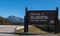 The Welcome to Alberta sign on the Trans Canada Highway rest stop