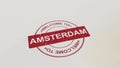 WELCOME TO AMSTERDAM stamp red print on the paper. 3D rendering
