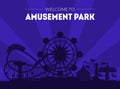 Welcome to Amusement Park Banner Template, Night Carnival Funfair Poster with Ferris Wheel and Roller Coaster