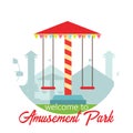 Welcome to amusement park. Amusement park landscape in flat style. Vector illustration. Vector concept for web, apps