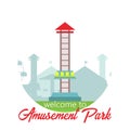 Welcome to amusement park. Amusement park landscape in flat style. Vector illustration. Vector concept for web, apps