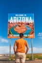 Welcome to Arizona road sign. Large welcome sign greets travels in National Canyon, Arizona, USA Royalty Free Stock Photo