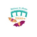 Welcome to Austin, Texas hand drawn lettering on white background. Cartoon doodle art poster, card. Bridge with bats Royalty Free Stock Photo