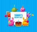 Welcome to Birthday Party Banner Template with Cute Funny Monsters Characters, Monster Party Poster, Flyer, Invitation Royalty Free Stock Photo