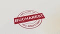 WELCOME TO BUCHAREST stamp red print on the paper. 3D rendering