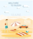 Welcome to Busan major port city, tourist travel promotion poster with man walking on sandy beach