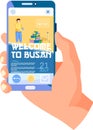 Welcome to Busan modern city tourist travel promotion poster on smartphone web page in human hand Royalty Free Stock Photo