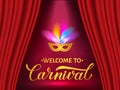 Welcome to Carnival gold lettering with mask and feather on bright background. Easy to edit template for Masquerade party poster, Royalty Free Stock Photo