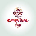 Welcome to Carnival in 2019. Title card with a beautiful Venetian mask. Carnival hand lettering