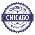 WELCOME TO CHICAGO - UNITED STATES, words written on blue stamp