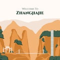 Welcome to China flat vector. Set of famous landmark such as Zhangjiajie National Forest Park, Glass Bridge, Bailong Elevator etc