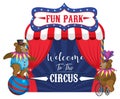 Welcome to the circus banner with bear performance balancing on ball Royalty Free Stock Photo