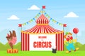 Welcome to Circus Banner Template with Cute Funny Clown and Bear Performing at Entertainment, Poster, Invitation Card Royalty Free Stock Photo