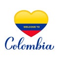 Welcome to Colombia lettering with national flag in heart shape isolated on white background. Vector template for Royalty Free Stock Photo