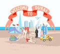 Welcome to Dubai ribbon poster with hand drawing great symbols of Dubai, United Arab Emirates