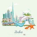 Welcome to Dubai. Vector travel poster of United Arab Emirates. UAE flyer with modern buildings and mosque in light style. Royalty Free Stock Photo