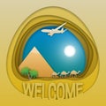 Welcome to Egypt travel concept emblem. Pyramid, camels, palm trees and aircraft in the sky