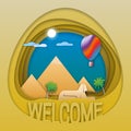 Welcome to Egypt travel concept emblem. Pyramids, statue of sphinx, palm trees and hot air balloon