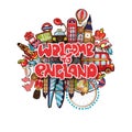 Welcome to England vector illustration with london urban elements, icons - big ben, london tower, bus, taxi, post box