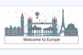 Welcome to Europe poster with famous attractions illustration. Travel on the world concept Vector illustration