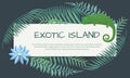 Welcome to exotic island banner with hand written word, funny animal chameleon, flower and leaves Royalty Free Stock Photo