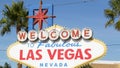 Welcome to fabulous Las Vegas retro neon sign in gambling tourist resort, USA. Iconic vintage banner as symbol of casino, games of Royalty Free Stock Photo