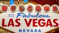 Welcome to fabulous Las Vegas retro neon sign in gambling tourist resort, USA. Iconic vintage glowing banner, symbol of casino, Royalty Free Stock Photo