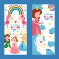 Welcome to fairytale set of banners vector illustration. Little princess girls in evening gowns. Fashionable ladies in