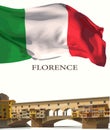 Welcome to Florence, Ponte Vecchio bridge and Italy flag. Vector