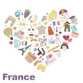 Welcome to France. Colored vector icons about France in the shape of a heart. Sights of France Royalty Free Stock Photo