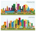 Welcome to France and Japan Skyline Set with Color Buildings and Blue Sky Royalty Free Stock Photo