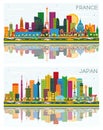 Welcome to France and Japan Skyline Set with Color Buildings, Blue Sky and Reflections Royalty Free Stock Photo