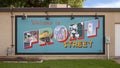 `Welcome to Front Street` mural by Jenny Lane in Arlington, Texas.