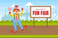 Welcome to Fun Fair, Funny Circus Clown on Summer Landscape, Comedian Performing at Amusement Park, Carnival Vector Royalty Free Stock Photo