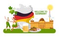 Welcome to Germany, people male, female in traditional cloth, dance isolated on white, flat vector illustration