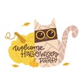 Welcome to Halloween party banner. Mummy cat sitting with pumpkins cartoon flat hand dtawn vector illustration.