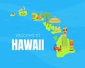Welcome to Hawaii Banner Template, Hawaiian Traveling Symbols and Attractions Vector Illustration