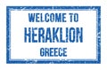 WELCOME TO HERAKLION - GREECE, words written on greek blue rectangle stamp